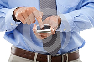 Businessman, phone and hands typing for research, social media or networking against a white studio background. Closeup