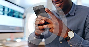 Businessman, phone and hands typing in social media, communication or networking at office. Closeup of male person smile