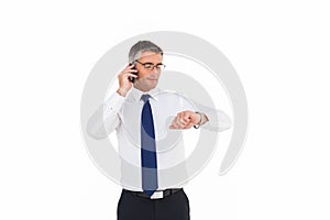 Businessman on the phone looking at his wrist watch