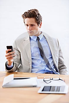 Businessman, phone and networking or email in office, connection and contact for company. Male person, professional and
