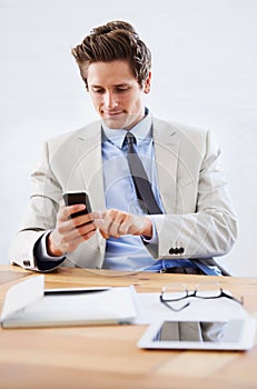 Businessman, phone and networking or texting in office, connection and contact for company. Male person, professional