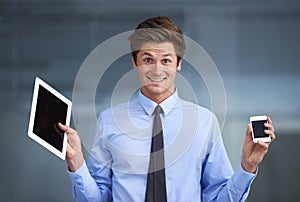 Businessman, phone and tablet with portrait for business with choice, decision or deal for advertising. Entrepreneur