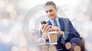 Businessman, phone and typing email, networking and conversation for corporate, research and coffee in office with bokeh