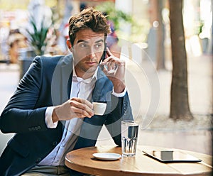 Businessman, phonecall or cafe in thinking, planning or dream of communication on coffee break. Man, mobile or cup to