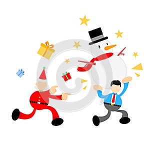businessman pick snowman and run from red santa cartoon doodle flat design vector illustration 
