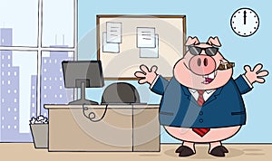 Businessman Pig Cartoon With Sunglasses,Cigar In Office