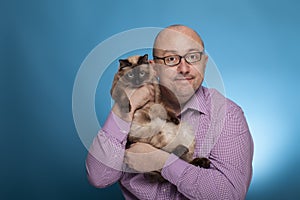 A businessman in a piked shirt holds a birman cat in the hand