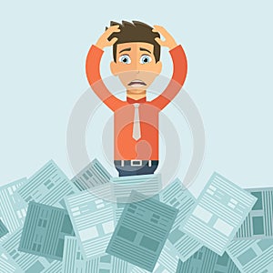 Businessman with pile of paper, business concept. Worried businessman. Deadline concept. Flat