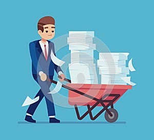 Businessman with a pile of papers. Cartoon man carrying cart with stacks of documents, time management deadline