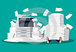 Businessman in pile of office papers and printer