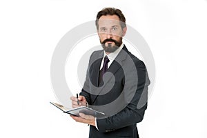 Businessman planning schedule hold notepad. Time management and organizing skill. Man bearded manager concentrated face