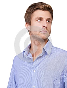 Businessman, planning or thinking by white background for small business vision, ideas or studio inspiration. Serious