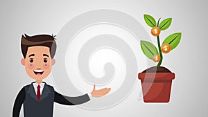 Businessman with plant of money HD animation