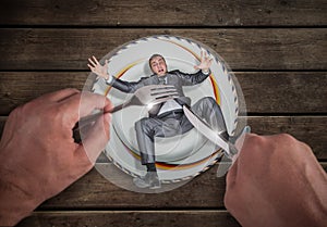 Businessman on a plate, small business problem photo