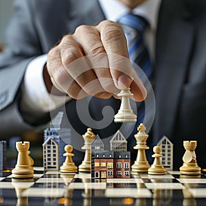 a businessman playing chess, with houses as pawns and skyscrapers as the kings and queens, illustrating strategic planning and