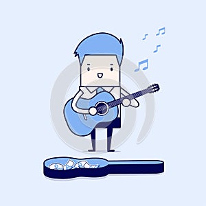 Businessman playing guitar for money. Cartoon character thin line style vector