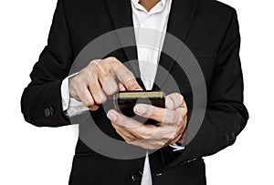 Businessman playing smart phone, isolated on white background