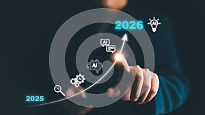 Businessman pointing at AI growth trend from 2025 to 2026, symbolizing artificial intelligence innovation, technology progress,