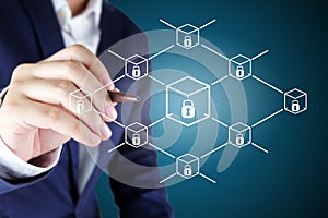 Businessman pointing at blockchain concept.Blockchain technology