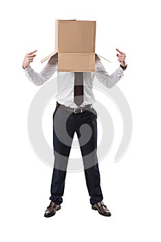 Businessman pointing on box on head