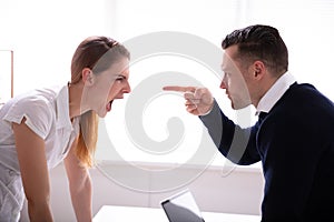 Businessman Pointing Finger At Businesswoman