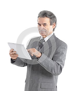 Businessman pointing finger at the digital tablet screen.isolated on white background