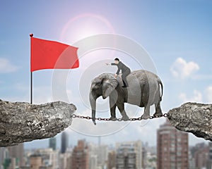 Businessman with pointing finger riding elephant toward red flag