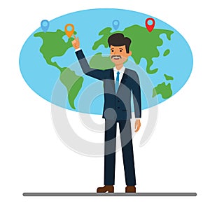 Businessman pointing at global world map cartoon flat vector illustration concept on isolated white background