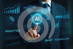 Businessman pointing at a glowing AI interface with world map and analytics charts artificial intelligence