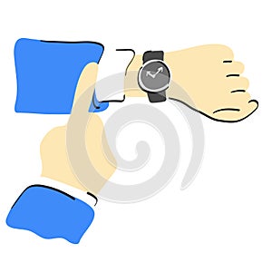 Businessman pointing at hand watch om his wrist illustration vector hand drawn isolated on white background