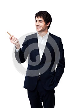 Businessman pointing with pen on white background