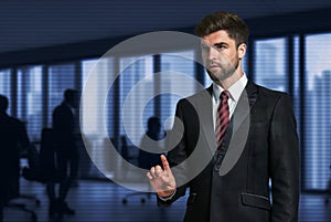 Businessman pointing and presses on air for insert virtual screen futuristic interface conenect to big data and show stock graph