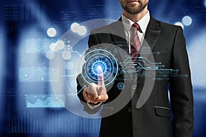 Businessman pointing and presses button on virtual screen futuristic interface conenect to global network and use big data.