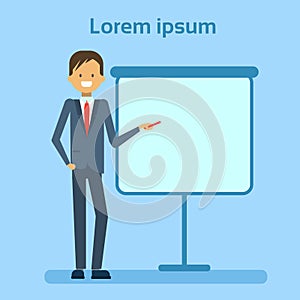 Businessman Pointing To Empty White Board, Showing An Copy Space, Business Man Presentation Or Conference Concept