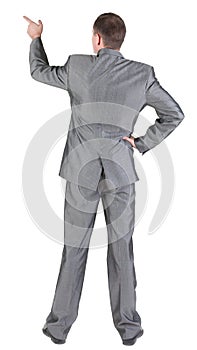 Businessman pointing at wall. rear view.