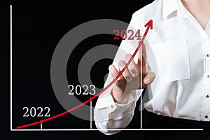 A businessman points his hand on an arrow chart with high growth rates in 2024 versus 2022 and 2023.