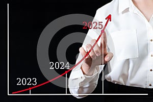 A businessman points his hand on an arrow chart with high growth rates in 2025 versus 2024 and 2023. Financial, sales