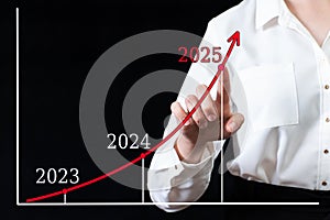 A businessman points his hand on an arrow chart with high growth rates in 2025 versus 2024 and 2023. Financial, sales profit