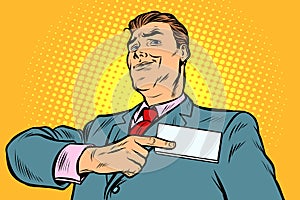 Businessman points at a name badge id