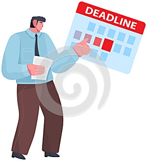 Businessman points to schedule with deadline for completion of work. Man planning assignments