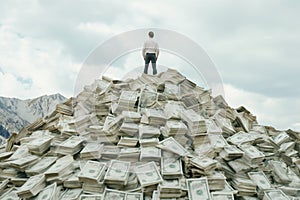 businessman, politician, leader on pile of money. Crumpled dollars under blue sky. Concept of big earnings