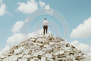 businessman, politician, leader on pile of money. Crumpled dollars under blue sky. Concept of big earnings