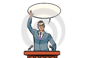 Businessman or politician speaker speaking at the podium