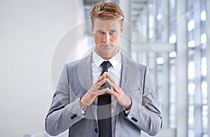 Businessman, portrait and hands with confidence at office or lawyer plotting or opportunity, growth or promotion. Male