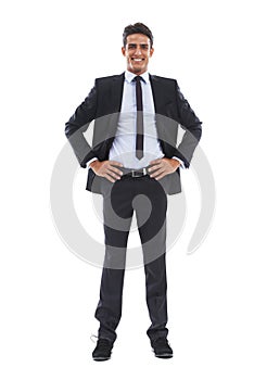 Businessman, portrait and happy in studio for corporate, business formal and confident for career work. Entrepreneur