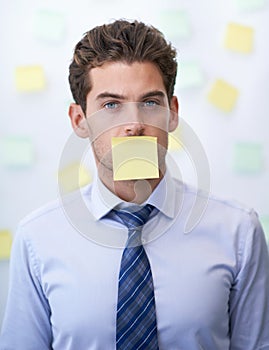 Businessman, portrait and sticky note on mouth or corporate schedule or to do list, project planning or censored. Male