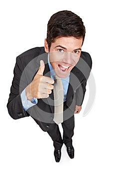 Businessman, portrait and thumbs up for approval in studio, yes and motivation for winner on white background. Male