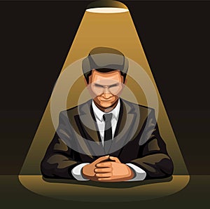 Businessman portrait under spotlight in dark room for interrogation concept in cartoon illustration vector