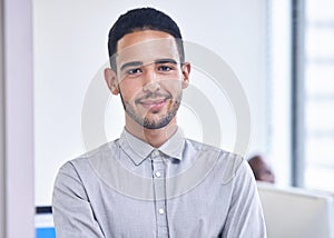 Businessman, portrait and web design worker in a office ready for working. Happy, smile and work employee in a creative