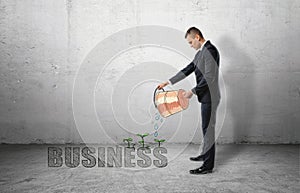 Businessman pouring water from bucket to `buisness` word with green plants